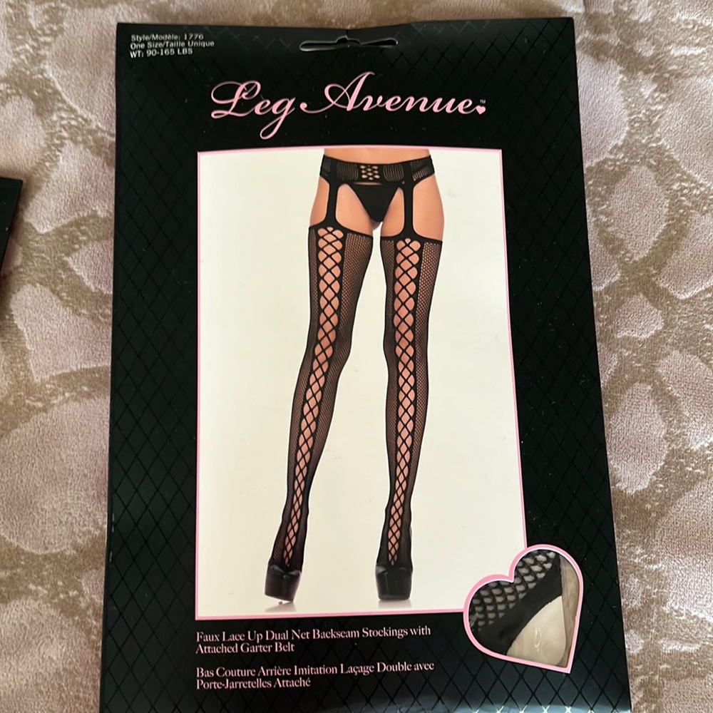 Faux lace up dual net backseam stockingwith attached garter belt